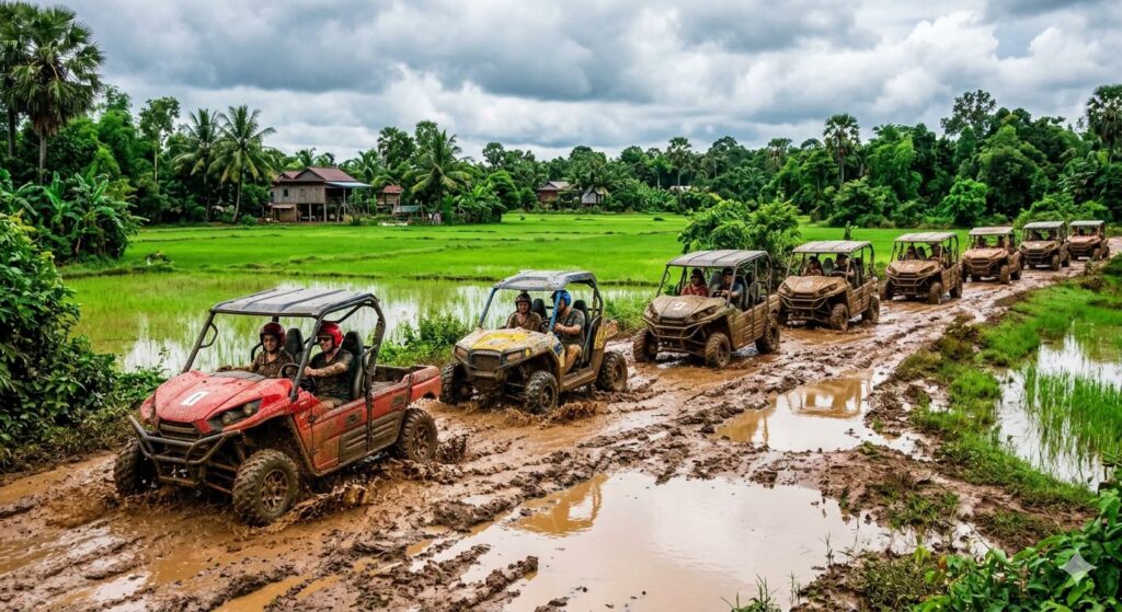A line of off-road buggies driving through deep mud puddles next to bright green rice fields and stilt houses during a Khmer Detours countryside tour.