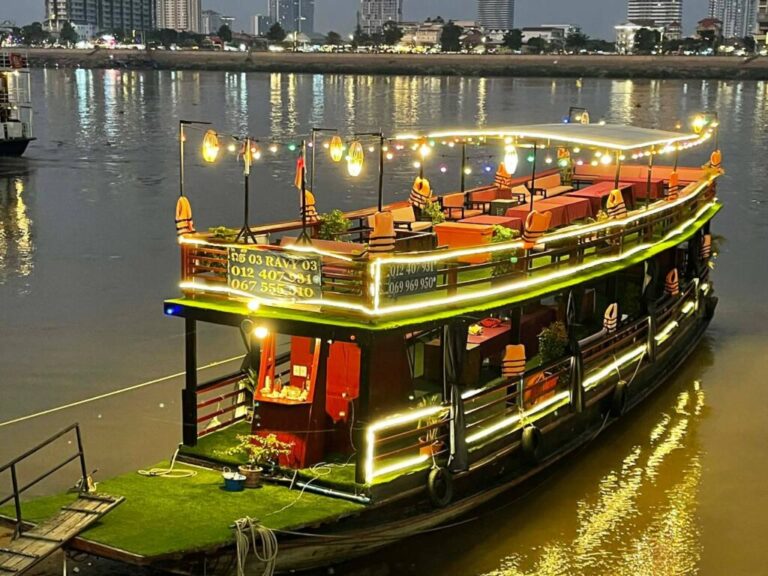 Phnom Penh Sunset Cruise aboard the Mekong Tara Prince on the Mekong River, Cambodia.